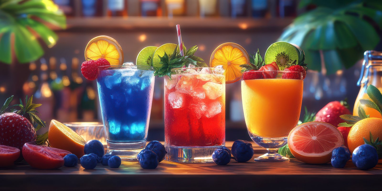 Colorful cocktails with citrus fruits and berries showcased at a vibrant bar during a summer evening